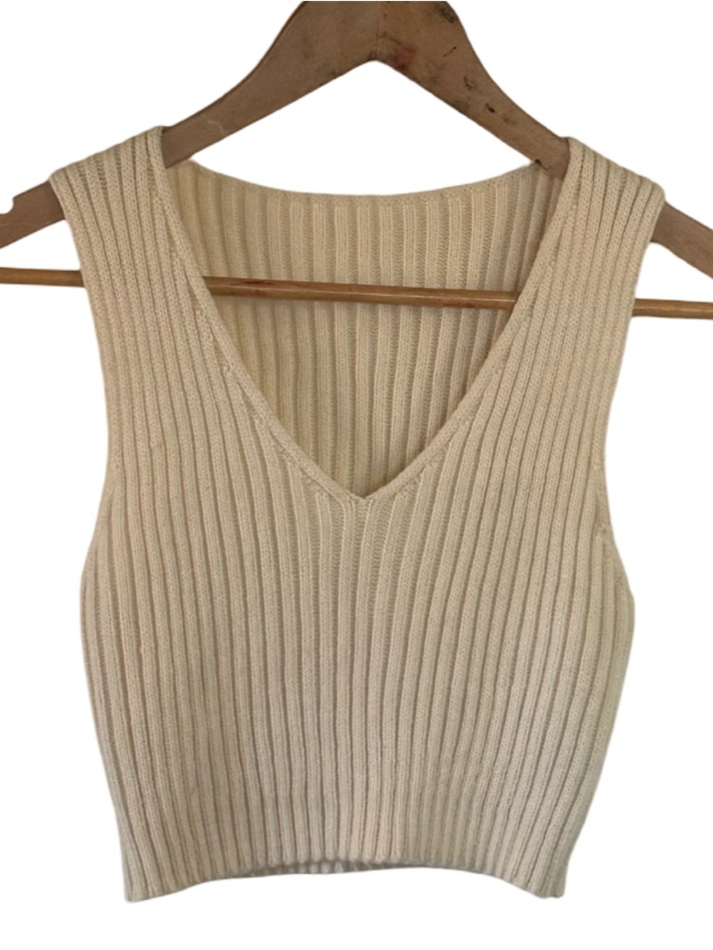 Ribbed V-Neck Knit Tank Top - Cream
